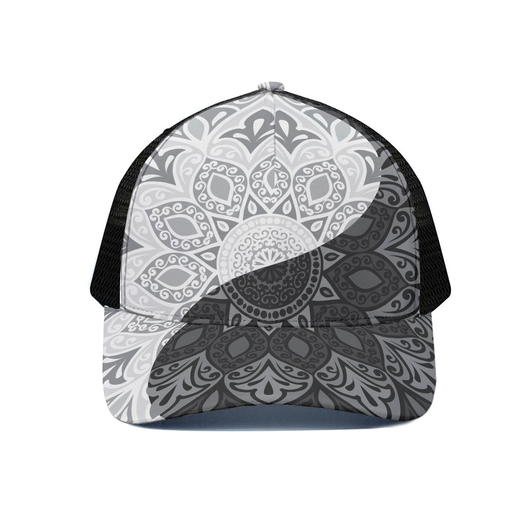 Black And White Yin Yang Mandala Print Black Mesh Trucker Cap