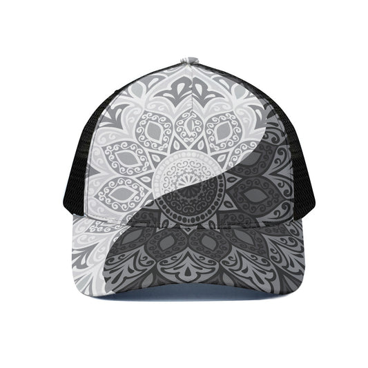 Black And White Yin Yang Mandala Print Black Mesh Trucker Cap