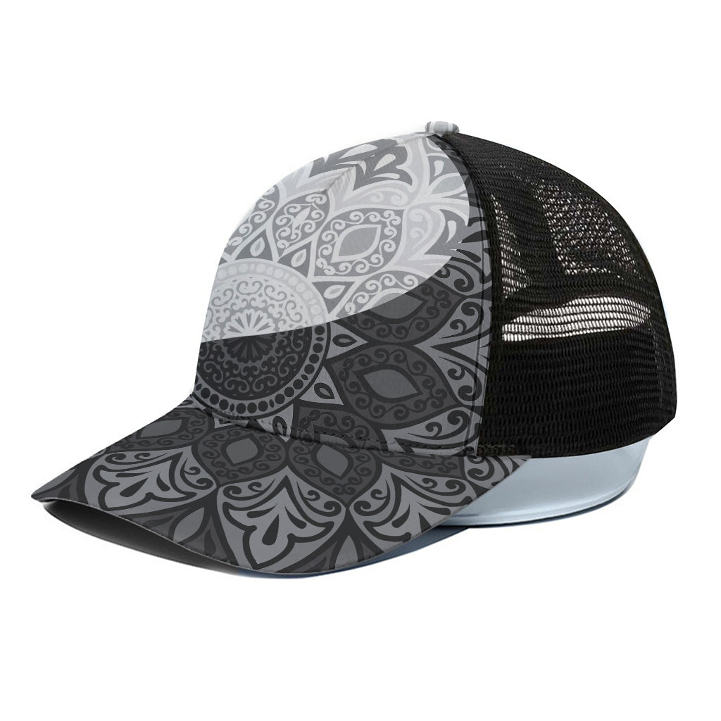 Black And White Yin Yang Mandala Print Black Mesh Trucker Cap