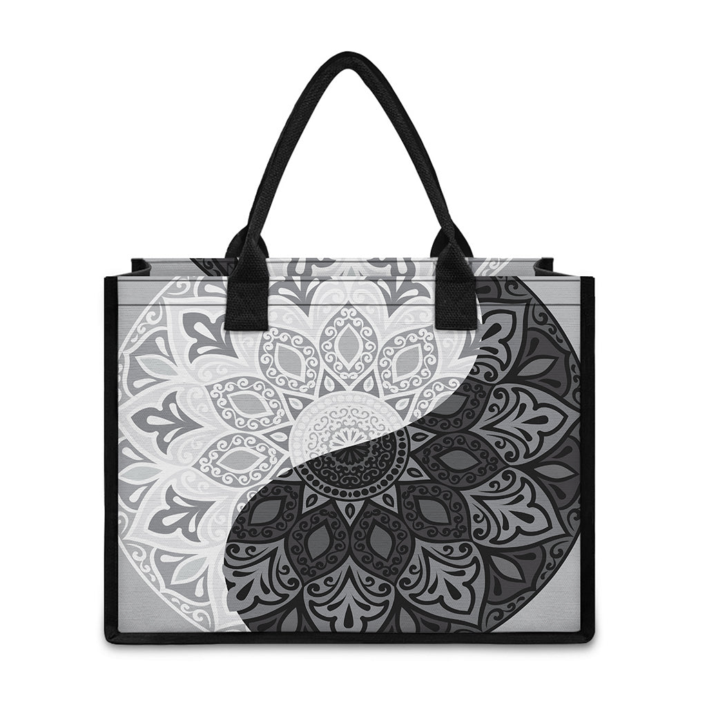 Black And White Yin Yang Mandala Print Canvas Tote Bag