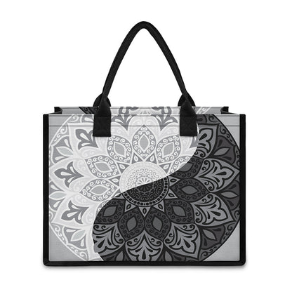 Black And White Yin Yang Mandala Print Canvas Tote Bag