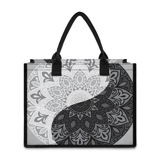 Black And White Yin Yang Mandala Print Canvas Tote Bag