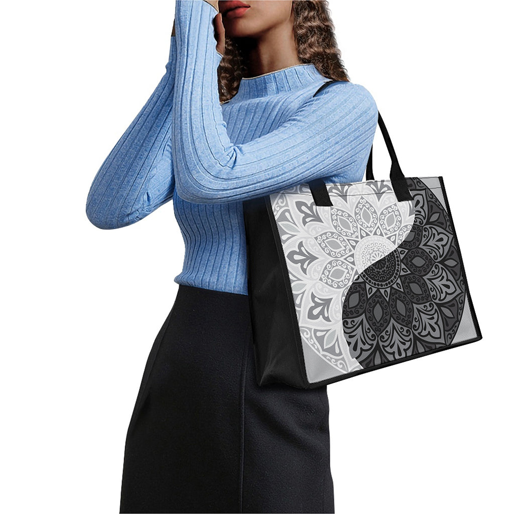 Black And White Yin Yang Mandala Print Canvas Tote Bag