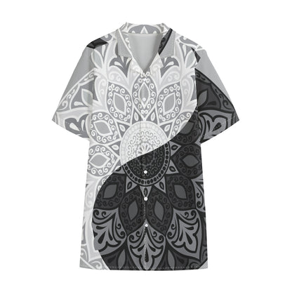 Black And White Yin Yang Mandala Print Cotton Hawaiian Shirt