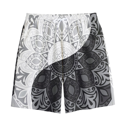 Black And White Yin Yang Mandala Print Cotton Shorts