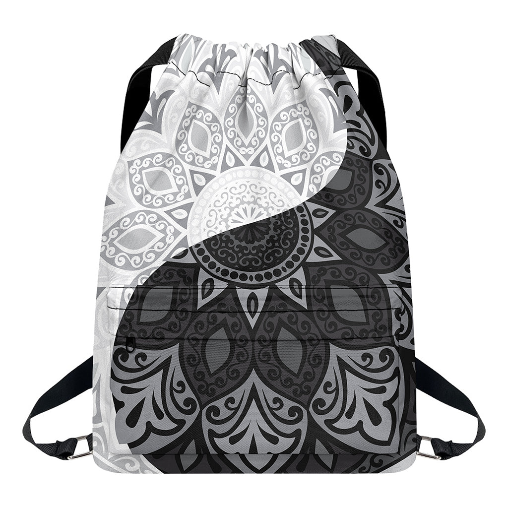 Black And White Yin Yang Mandala Print Drawstring Backpack