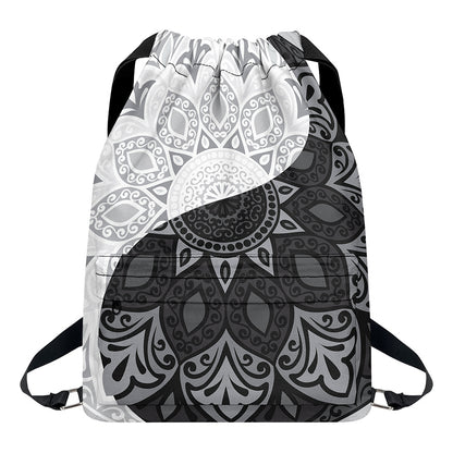 Black And White Yin Yang Mandala Print Drawstring Backpack