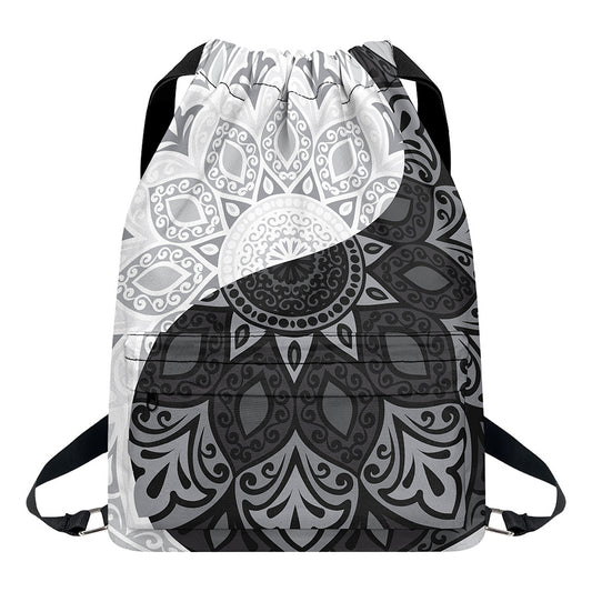 Black And White Yin Yang Mandala Print Drawstring Backpack