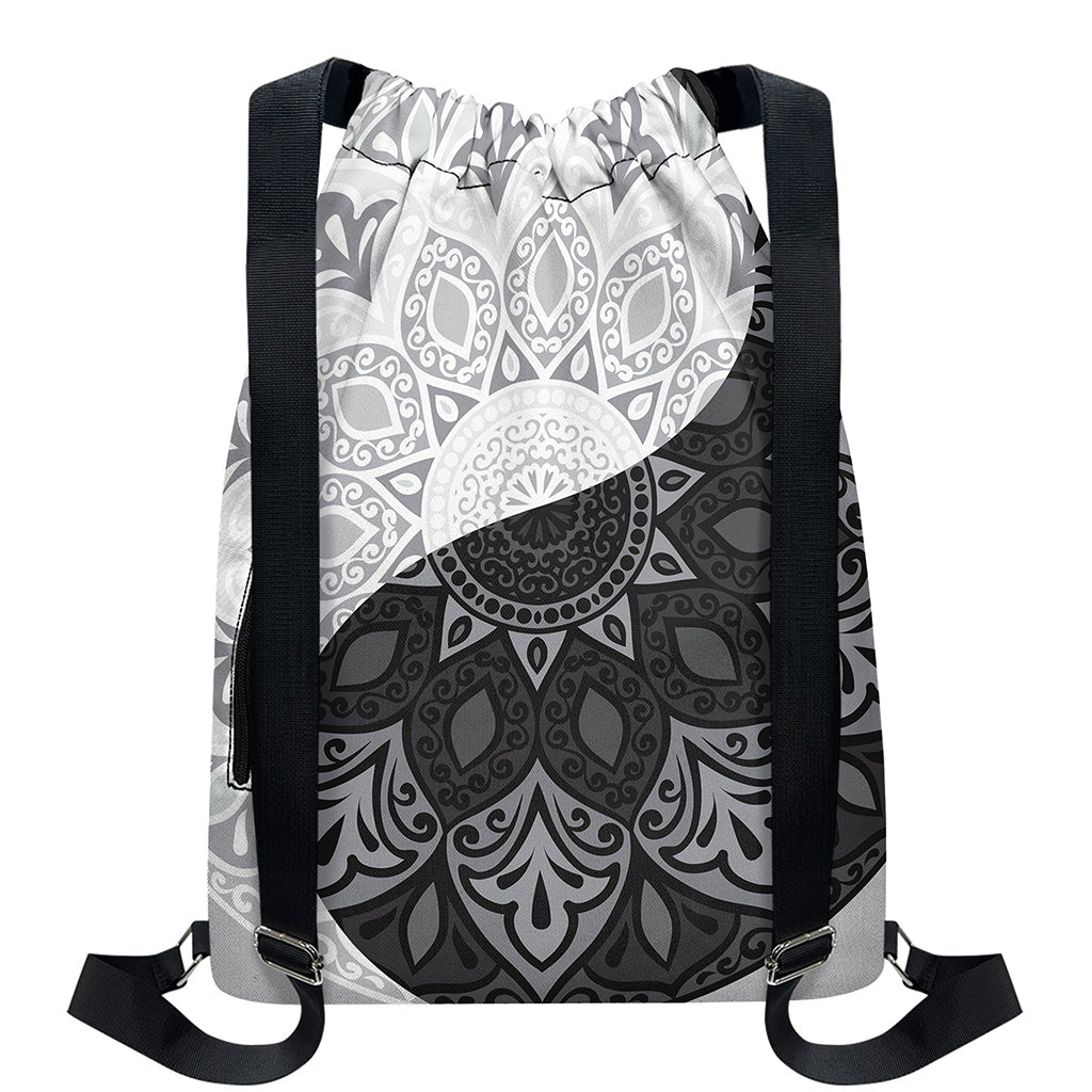Black And White Yin Yang Mandala Print Drawstring Backpack