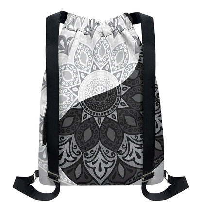 Black And White Yin Yang Mandala Print Drawstring Backpack