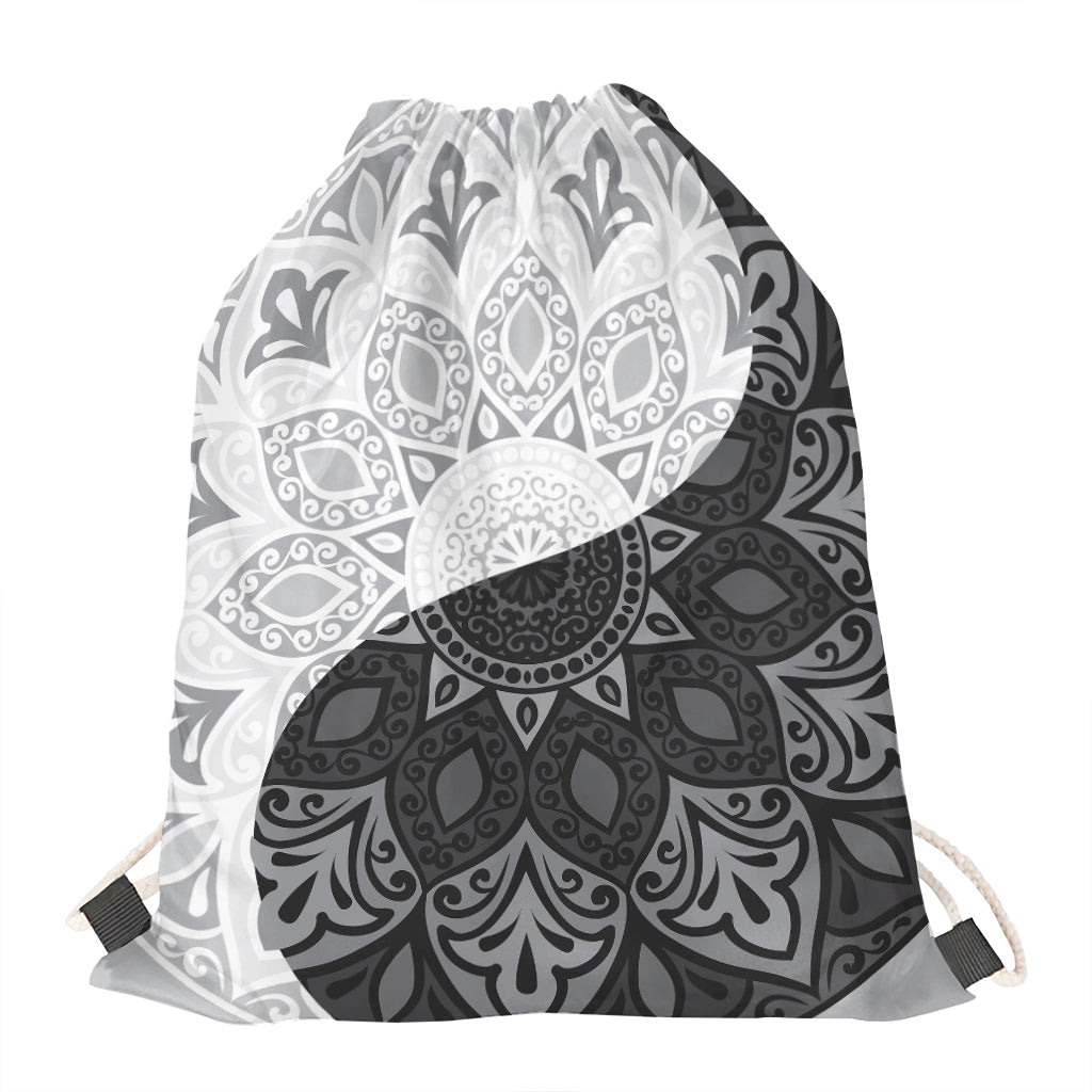 Black And White Yin Yang Mandala Print Drawstring Bag