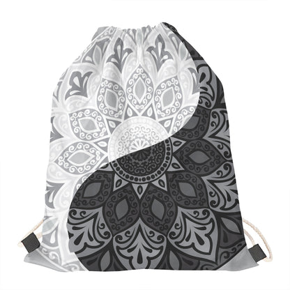 Black And White Yin Yang Mandala Print Drawstring Bag