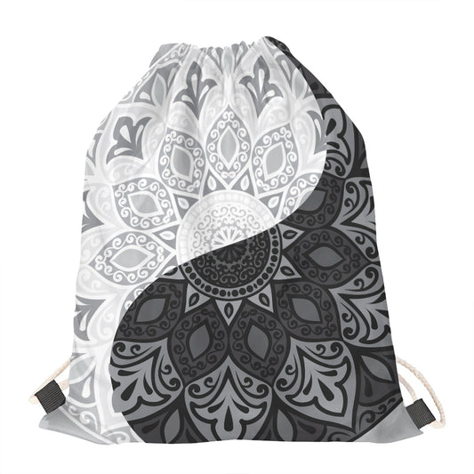 Black And White Yin Yang Mandala Print Drawstring Bag