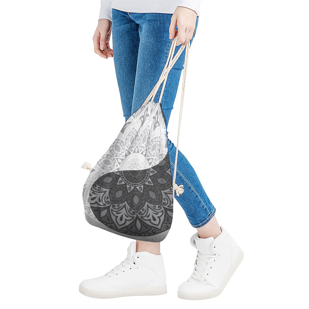 Black And White Yin Yang Mandala Print Drawstring Bag