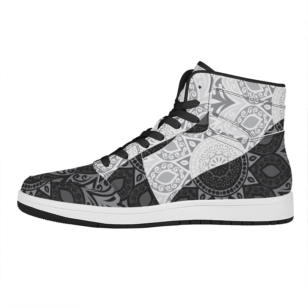 Black And White Yin Yang Mandala Print High Top Leather Sneakers