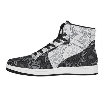 Black And White Yin Yang Mandala Print High Top Leather Sneakers