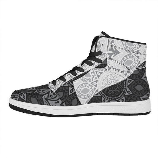 Black And White Yin Yang Mandala Print High Top Leather Sneakers