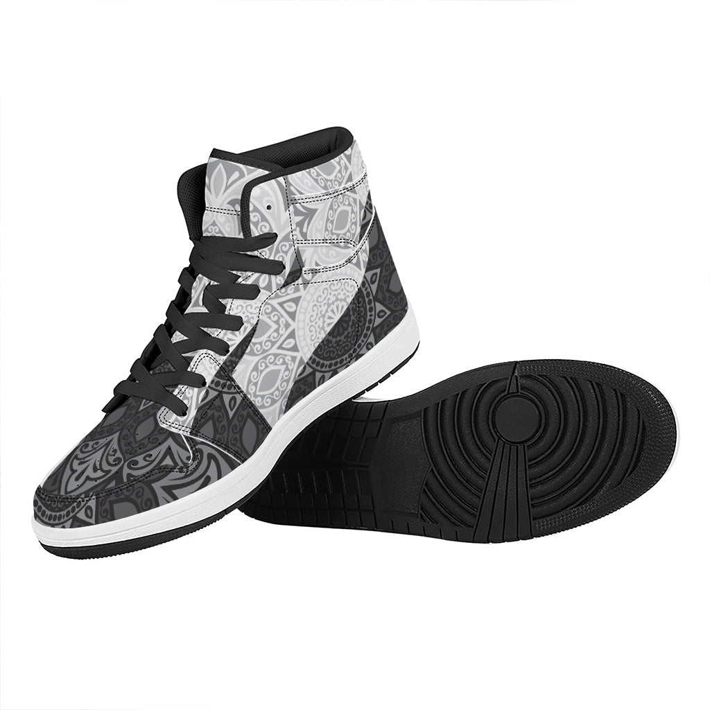 Black And White Yin Yang Mandala Print High Top Leather Sneakers