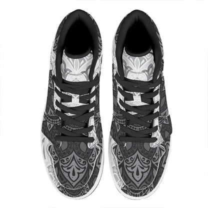Black And White Yin Yang Mandala Print High Top Leather Sneakers