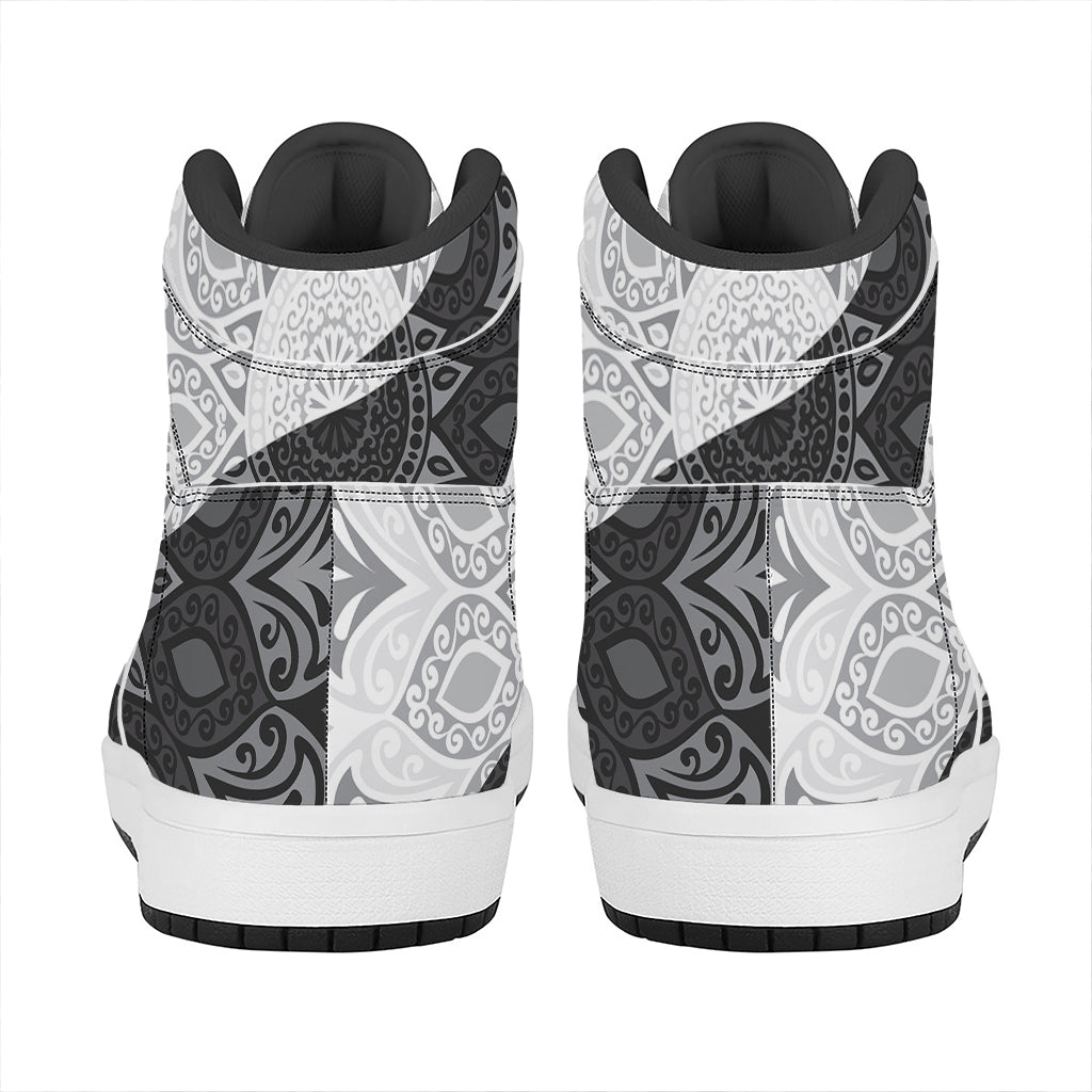 Black And White Yin Yang Mandala Print High Top Leather Sneakers
