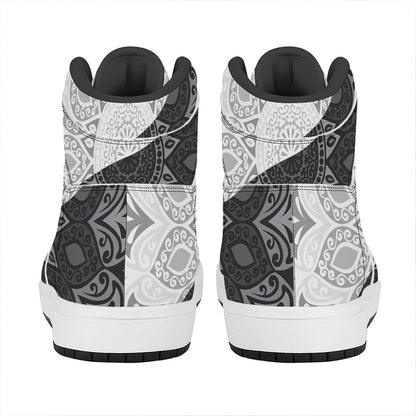 Black And White Yin Yang Mandala Print High Top Leather Sneakers