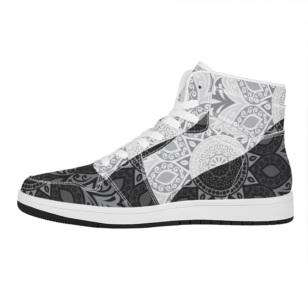 Black And White Yin Yang Mandala Print High Top Leather Sneakers