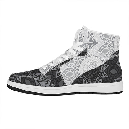 Black And White Yin Yang Mandala Print High Top Leather Sneakers