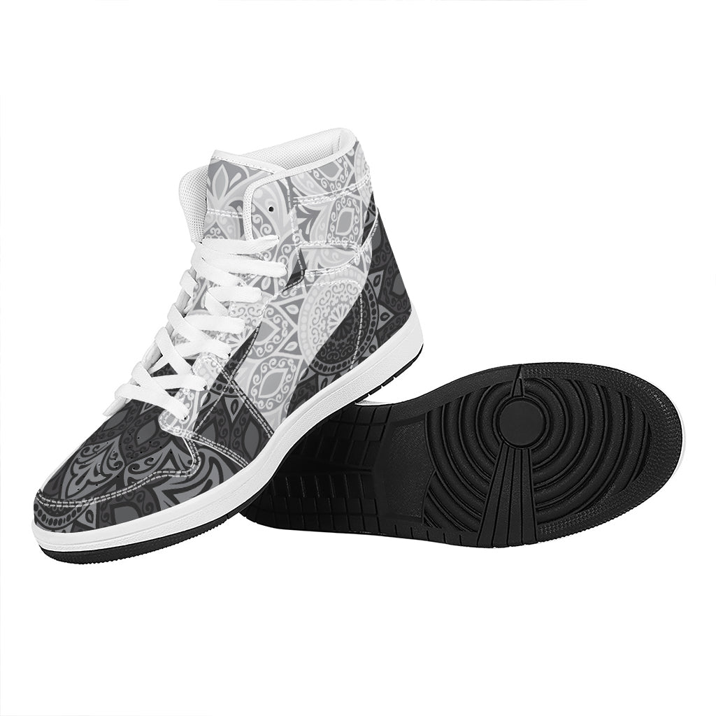 Black And White Yin Yang Mandala Print High Top Leather Sneakers