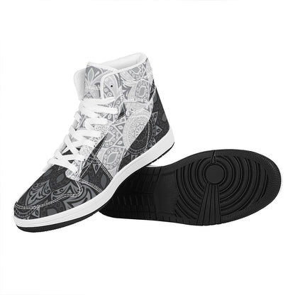 Black And White Yin Yang Mandala Print High Top Leather Sneakers