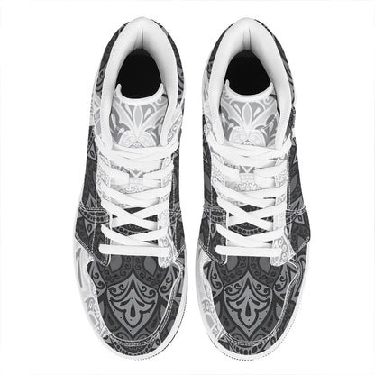 Black And White Yin Yang Mandala Print High Top Leather Sneakers