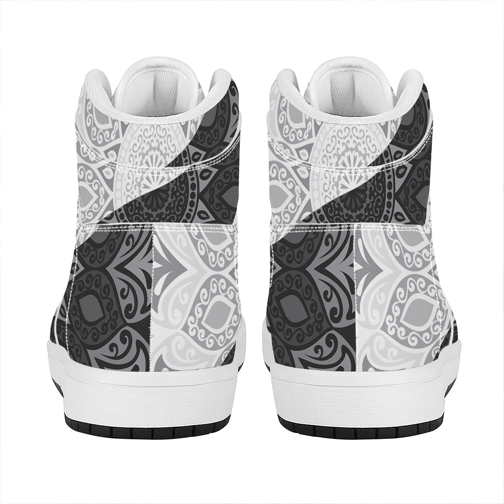 Black And White Yin Yang Mandala Print High Top Leather Sneakers