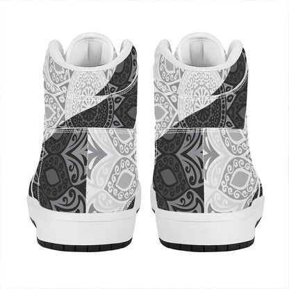 Black And White Yin Yang Mandala Print High Top Leather Sneakers