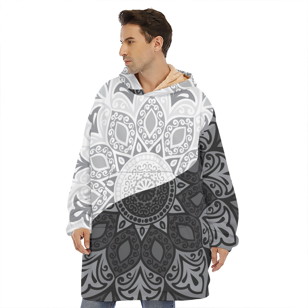 Black And White Yin Yang Mandala Print Hoodie Blanket
