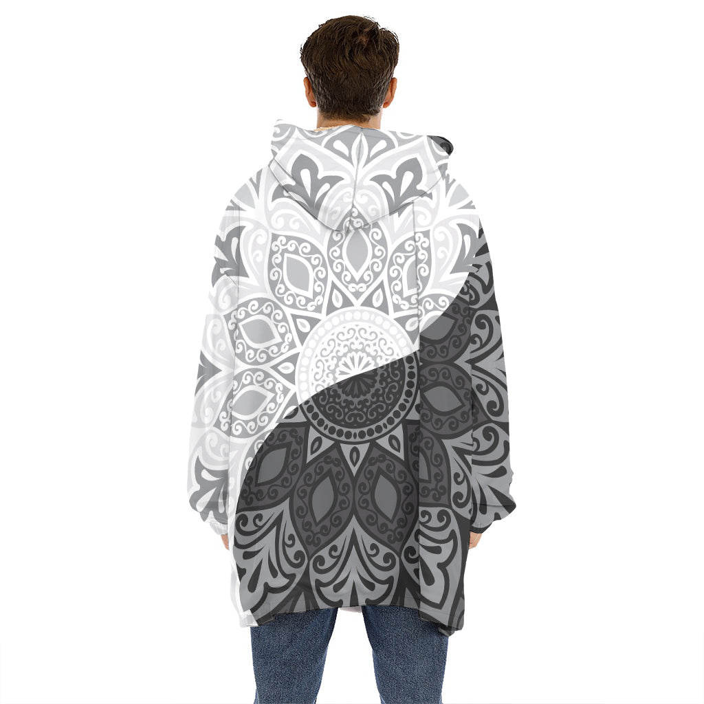 Black And White Yin Yang Mandala Print Hoodie Blanket