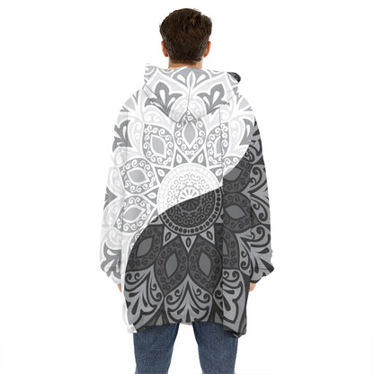 Black And White Yin Yang Mandala Print Hoodie Blanket