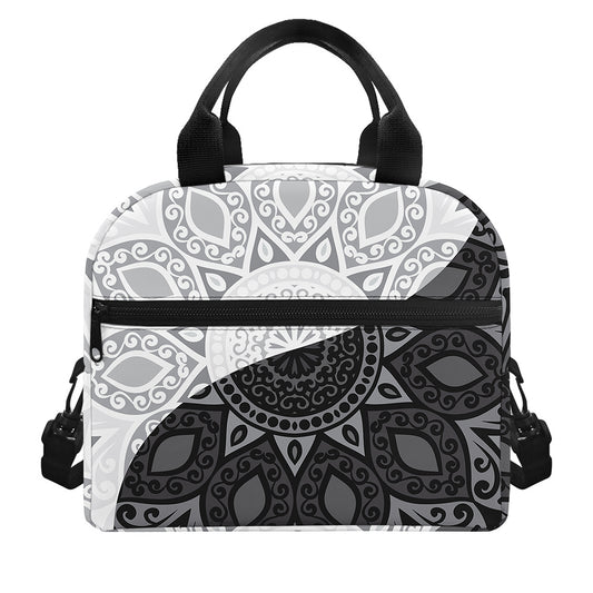 Black And White Yin Yang Mandala Print Insulated Lunch Bag