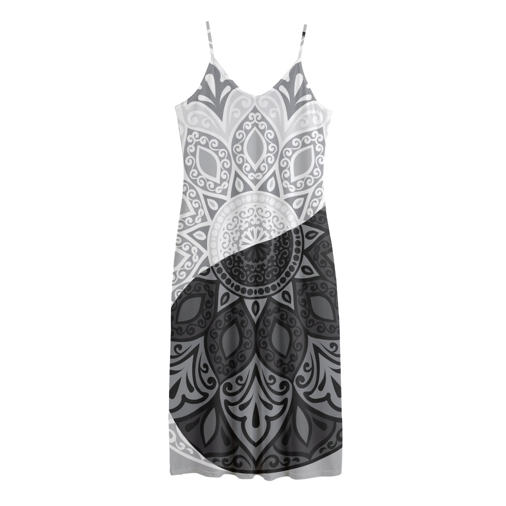 Black And White Yin Yang Mandala Print Jersey Midi Cami Dress