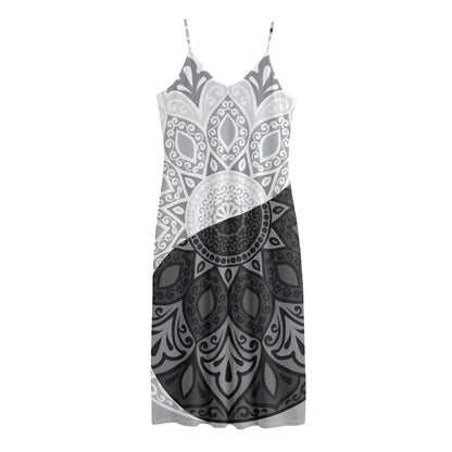 Black And White Yin Yang Mandala Print Jersey Midi Cami Dress