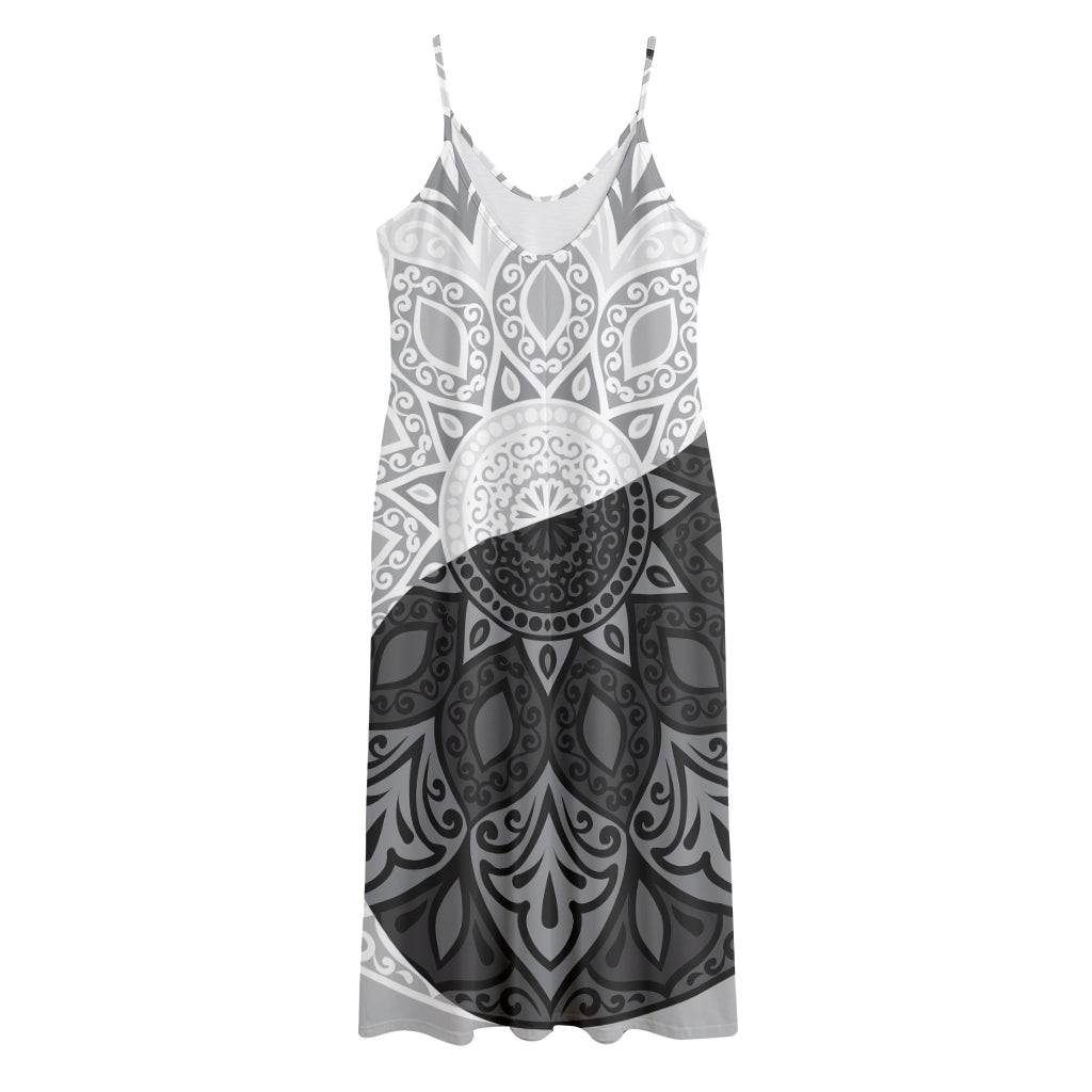 Black And White Yin Yang Mandala Print Jersey Midi Cami Dress