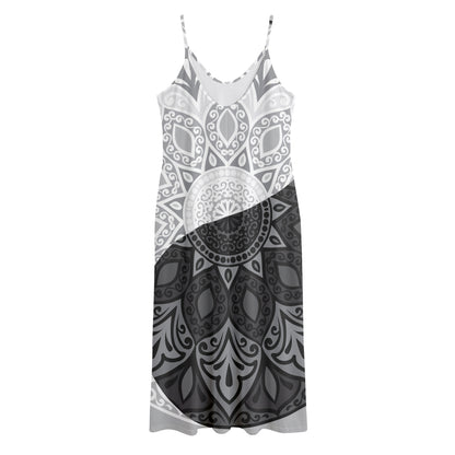 Black And White Yin Yang Mandala Print Jersey Midi Cami Dress