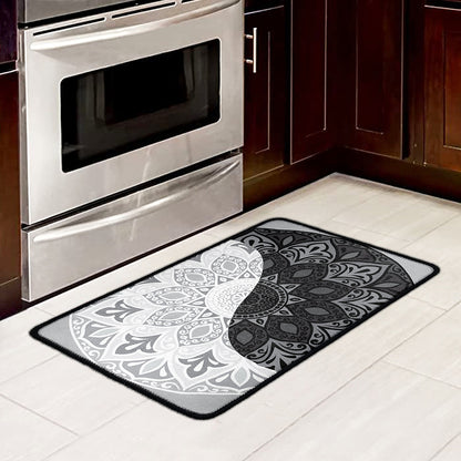 Black And White Yin Yang Mandala Print Kitchen Mat