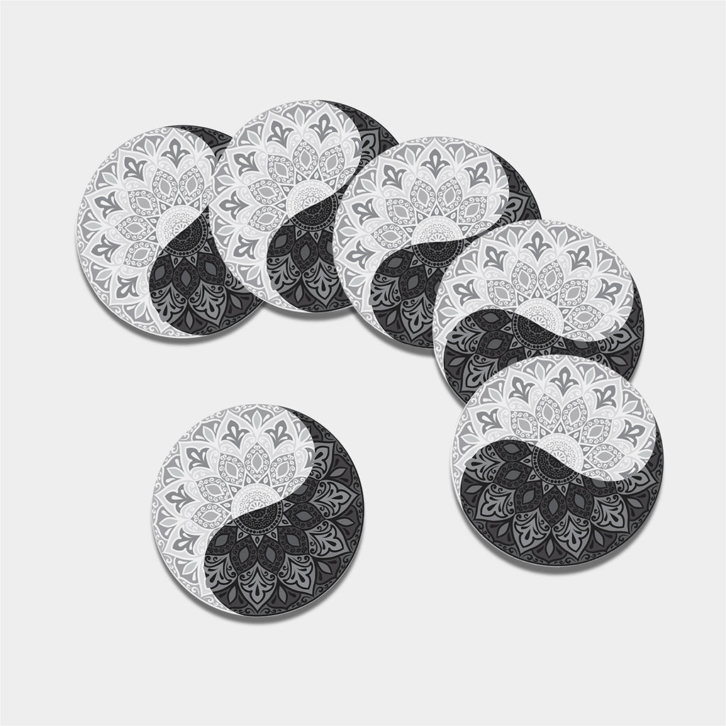 Black And White Yin Yang Mandala Print Leather Coaster Set