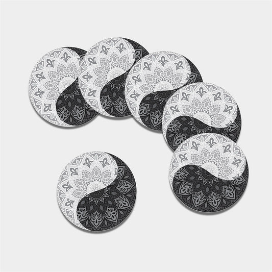 Black And White Yin Yang Mandala Print Leather Coaster Set