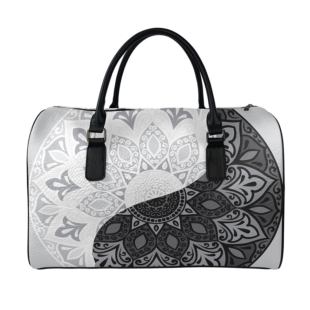 Black And White Yin Yang Mandala Print Leather Duffle Bag