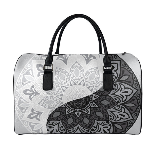 Black And White Yin Yang Mandala Print Leather Duffle Bag