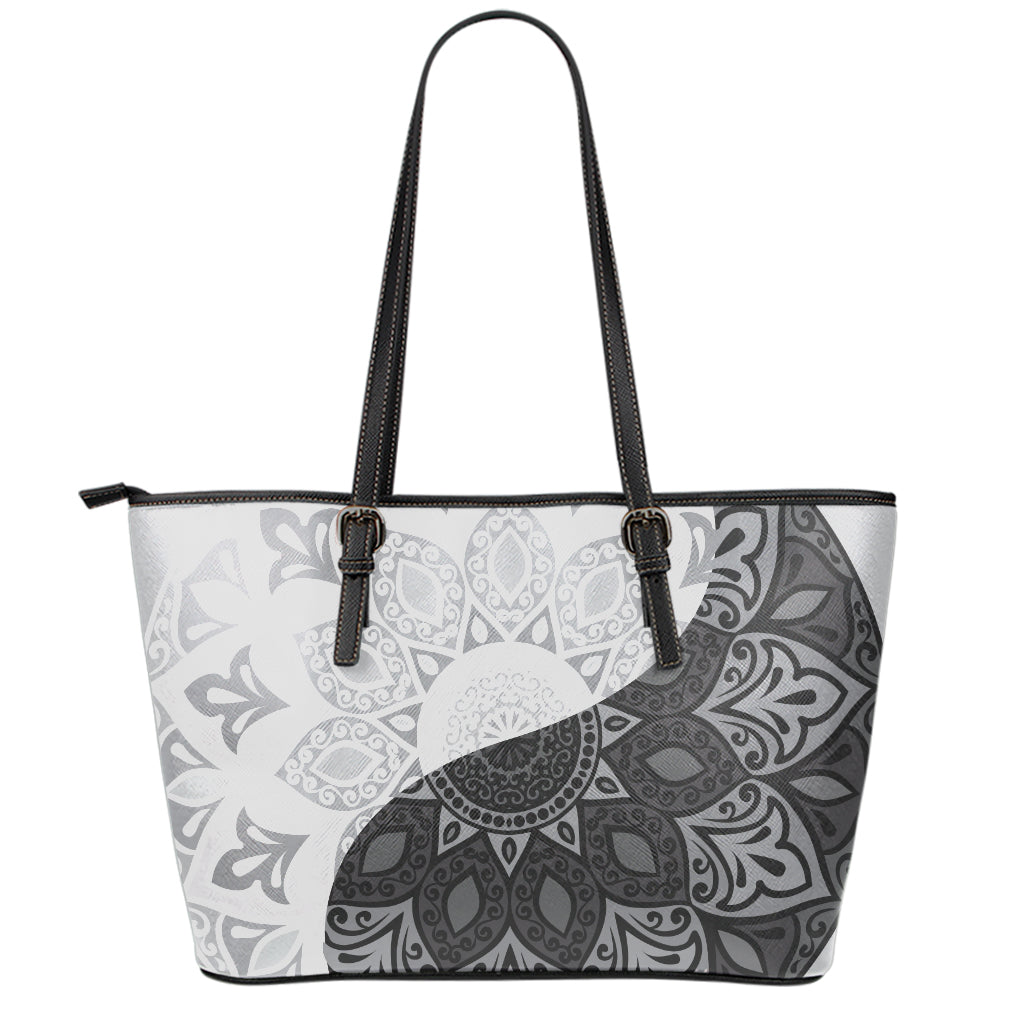 Black And White Yin Yang Mandala Print Leather Tote Bag