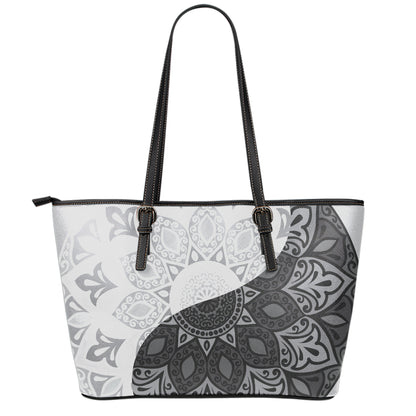 Black And White Yin Yang Mandala Print Leather Tote Bag