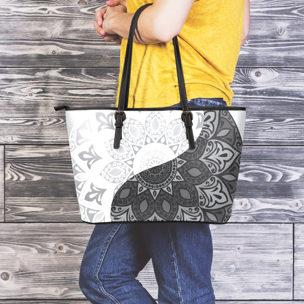 Black And White Yin Yang Mandala Print Leather Tote Bag