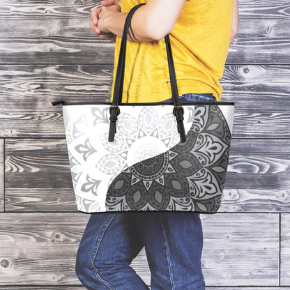 Black And White Yin Yang Mandala Print Leather Tote Bag