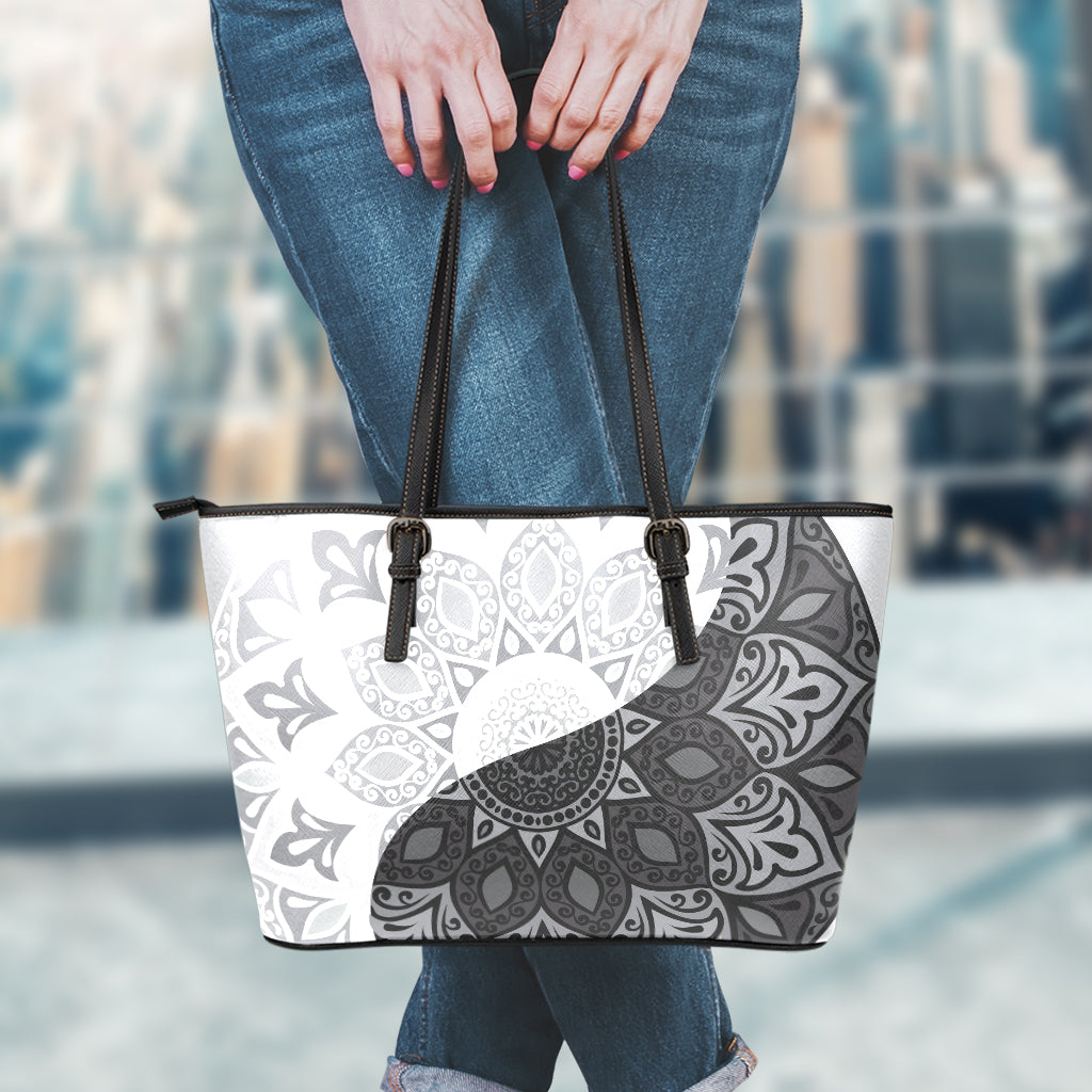Black And White Yin Yang Mandala Print Leather Tote Bag